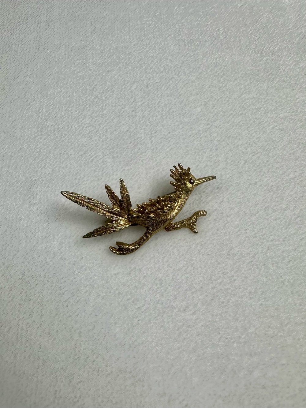 Gold-tone Roadrunner Brooch Pin with Red Rhinestone Eye